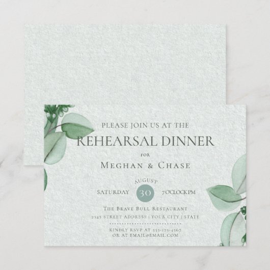 結婚式のリハーサル | エレガントな水彩画 ユーカリ 招待状 (正面/裏面)