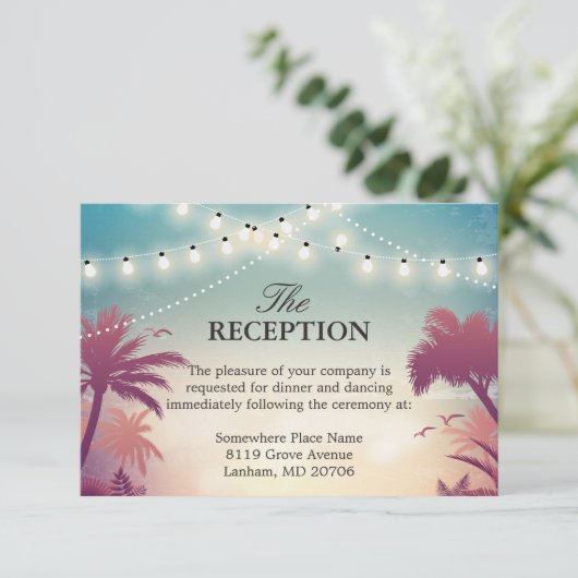 結婚式のレセプションサマーストリングライトパームツリー エンクロージャーカード (スタンド正面)