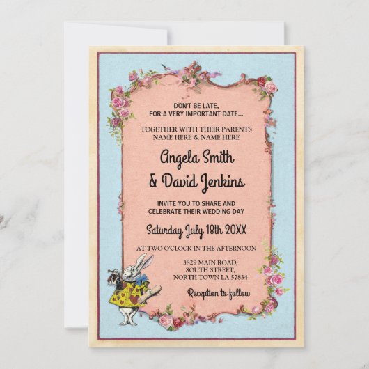 結婚式の不思議の国のウサギのヴィンテージの花の招待 招待状 (正面)