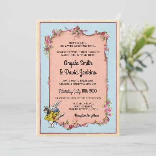 結婚式の不思議の国のウサギのヴィンテージの花の招待 招待状 (スタンド正面)