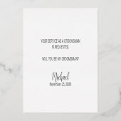 結婚式の仲人を頼みたいんだけど、引き受けてくれる？ 現代的なスクリプト 銀色 箔招待状 (裏面)