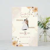 結婚式の保存日カード - クリーム色の花柄デザイン (スタンド正面)