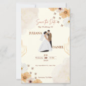 結婚式の保存日カード - クリーム色の花柄デザイン (正面)