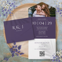 結婚式の写真と日付の入った紫モノグラムQRコード