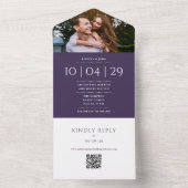結婚式の写真と日付の入った紫モノグラムQRコード オールインワン招待状 (内側)