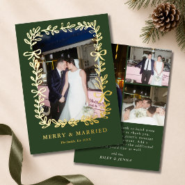 結婚式の写真にエレガントな緑のボウ4つ メリー&マリッジ ウェディング 箔シーズンカード