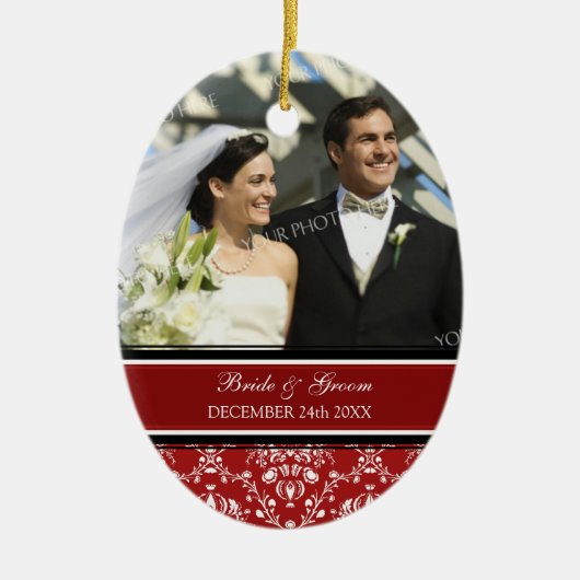 結婚式の写真のクリスマスのオーナメントの赤のダマスク織 セラミックオーナメント (正面)