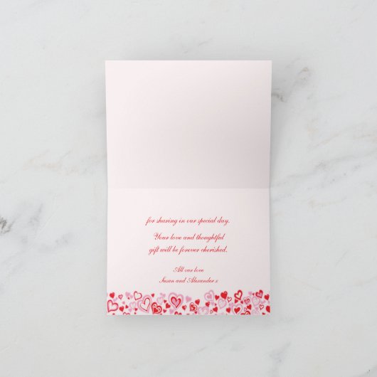 結婚式の写真のサンキューカードのハート及び赤いリボン サンキューカード (内部)