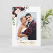 結婚式の写真の水彩画のバーガンディの青い花の金ゴールド サンキューカード (スタンド正面)