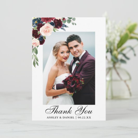 結婚式の写真の水彩画のバーガンディの青の花柄 サンキューカード (スタンド正面)