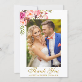 結婚式の写真の水彩画のピンクの花柄の金ゴールド サンキューカード