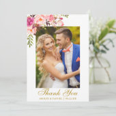 結婚式の写真の水彩画のピンクの花柄の金ゴールド サンキューカード (スタンド正面)