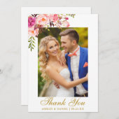 結婚式の写真の水彩画のピンクの花柄の金ゴールド サンキューカード (正面/裏面)
