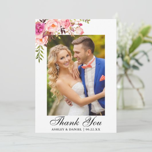結婚式の写真の水彩画のピンクの花柄 サンキューカード (スタンド正面)