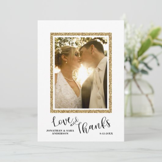 結婚式の写真はフェイクな金ゴールドのグリッターフレーム感謝していしています サンキューカード (スタンド正面)
