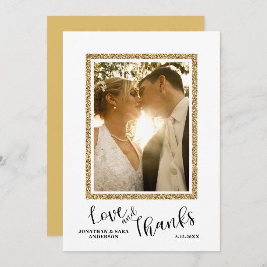 結婚式の写真はフェイクな金ゴールドのグリッターフレーム感謝していしています サンキューカード (正面/裏面)