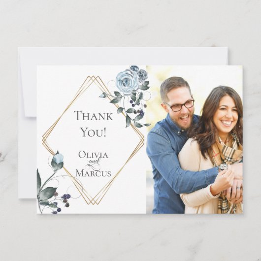 結婚式の写真への感謝  |  ダスティーブルーの花 サンキューカード (正面)