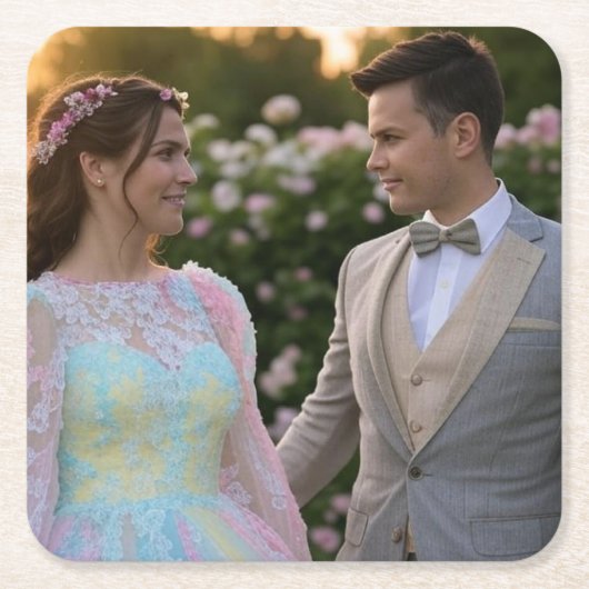 結婚式の写真をカスタマイズ スクエアペーパーコースター (正面)