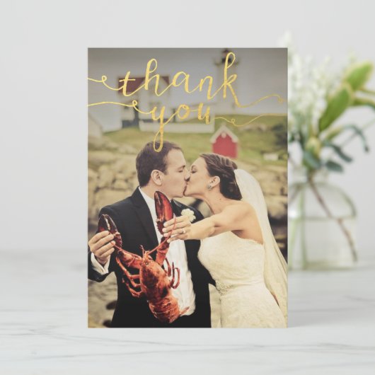 結婚式の写真を使ったゴールドの箔押し感謝カード サンキューカード (スタンド正面)