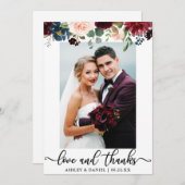 結婚式の写真愛および感謝のバーガンディの青の花柄 サンキューカード (正面/裏面)