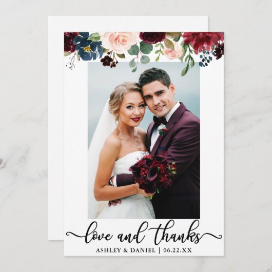 結婚式の写真愛および感謝のバーガンディの青の花柄 サンキューカード (正面/裏面)