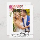 結婚式の写真愛および感謝のピンクの花柄 サンキューカード (正面/裏面)