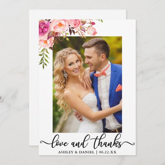 結婚式の写真愛および感謝のピンクの花柄 サンキューカード (正面/裏面)
