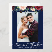 結婚式の写真愛はバーガンディの青の花柄を感謝していしています サンキューカード (正面/裏面)