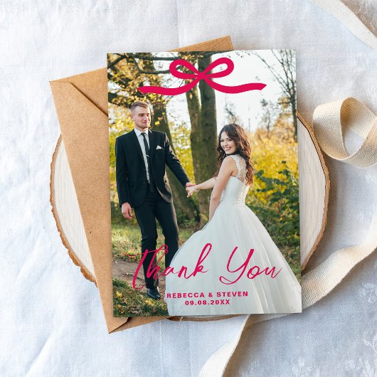 結婚式の写真 ゲストへの感謝 ピンクのリボン サンキューカード