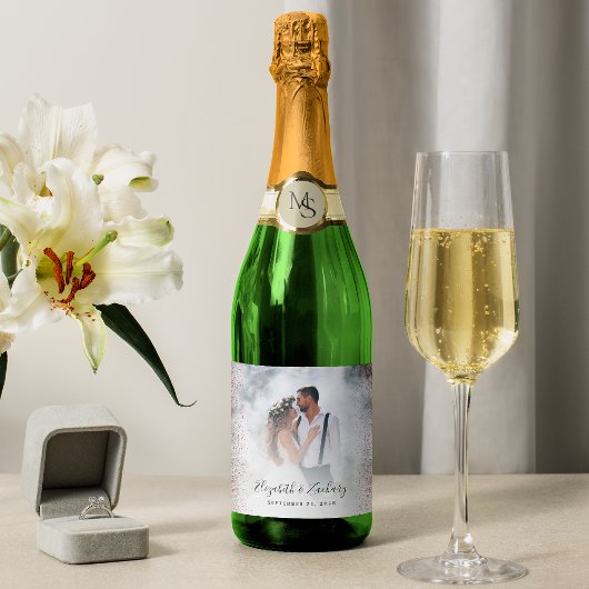 結婚式の写真 ローズゴールドのラメ スパークリングワインラベル