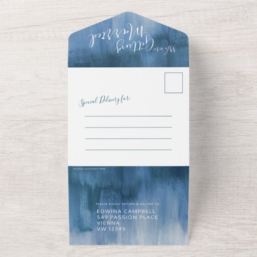 結婚式の写真 結婚式の招待状 青灰色の返信テキスト オールインワン招待状 (外側)