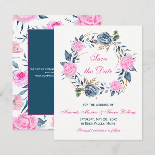 結婚式の出欠確認カード - ピンクと青のバラ 招待状 (正面/裏面)