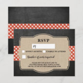 結婚式の出欠確認カード 赤チェックのバーベキュー用 麻の生地 招待状 (正面/裏面)