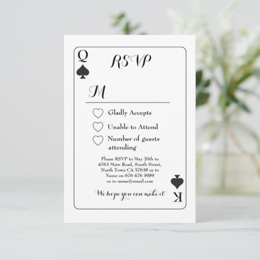 結婚式の出欠確認用トランプのキング、クイーン、エースなどのカード - スペードの出欠確認 - 私のW 招待状 (スタンド正面)