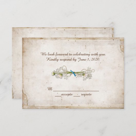 結婚式の出欠確認 - だまし絵のダリアの花束にパール 招待状 (正面/裏面)