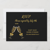 結婚式の出欠確認 黒と金のシャンパングラス 招待状 (正面)