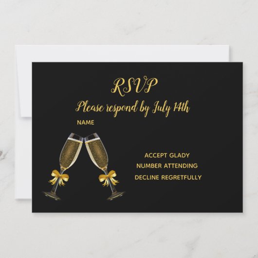 結婚式の出欠確認 黒と金のシャンパングラス 招待状 (正面)