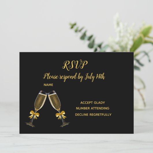 結婚式の出欠確認 黒と金のシャンパングラス 招待状 (スタンド正面)