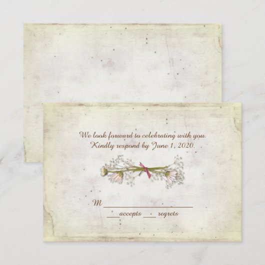 結婚式の出欠連絡 - パール付きデイジーの花束 招待状 (正面/裏面)