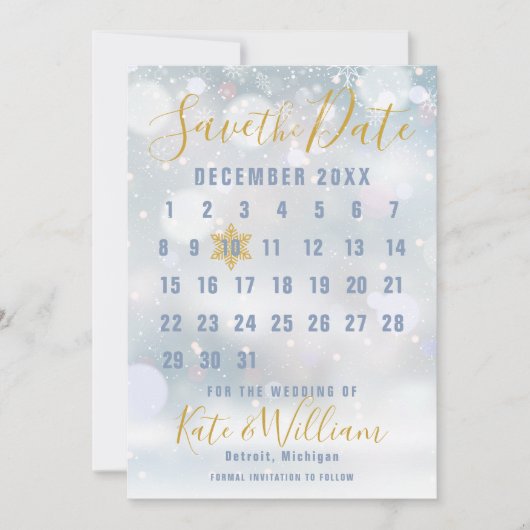 結婚式の初雪カレンダー Save the Date 招待状 (正面)