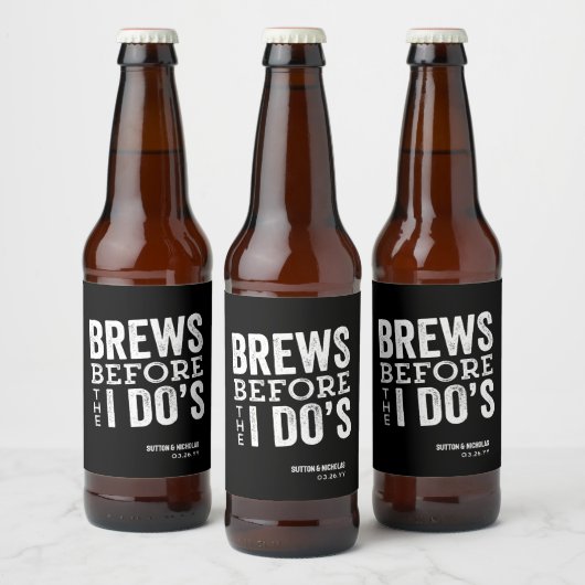 結婚式の前に乾杯「Brews Before I Do's」の黒いカスタム結婚式 ビールラベル (ボトル)
