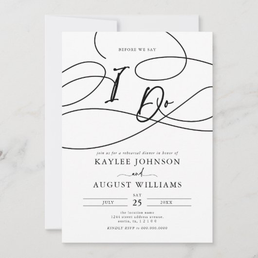 「結婚式の前に」リハーサルディナー招待状 ファンシーなスクリプト 招待状 (正面)