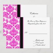結婚式の受諾カード、ピンクのダマスク 招待状 (正面/裏面)