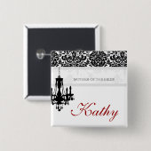 結婚式の名札ボタンのシャンデリアBWのダマスク織 缶バッジ (正面&裏面)