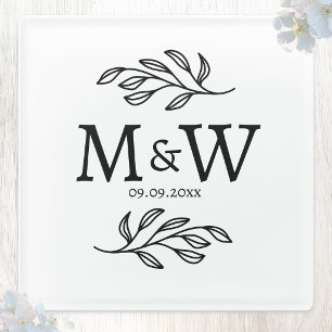 結婚式の夫婦のモノグラムイニシャルと日付の植物画 ガラスコースター