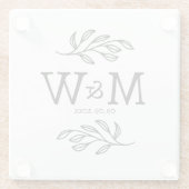 結婚式の夫婦のモノグラムイニシャルと日付の植物画 ガラスコースター (裏面)