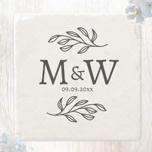 結婚式の夫婦のモノグラムイニシャルと日付の植物画 ストーンコースター