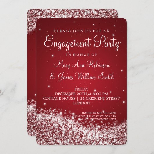 結婚式の婚約パーティのきらめくな波の赤 招待状 (正面/裏面)