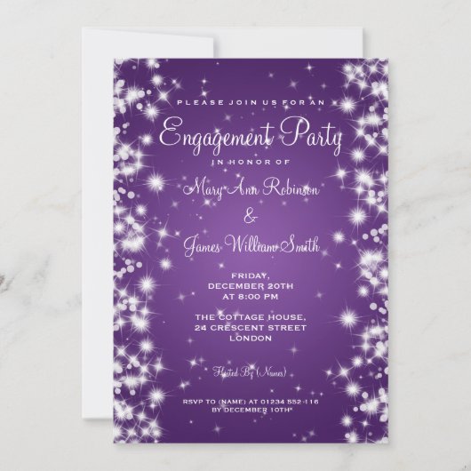 結婚式の婚約パーティの冬の輝きの紫色 招待状 (正面)