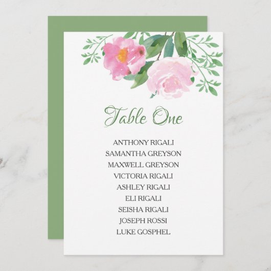 結婚式の座席の図表、緑の草木の花のテーブルの計画 招待状 (正面/裏面)